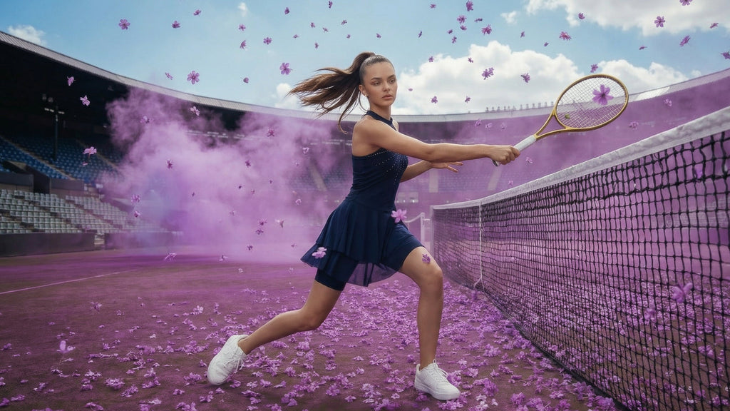 Woman playing tennis on a purple court with pink flower petals