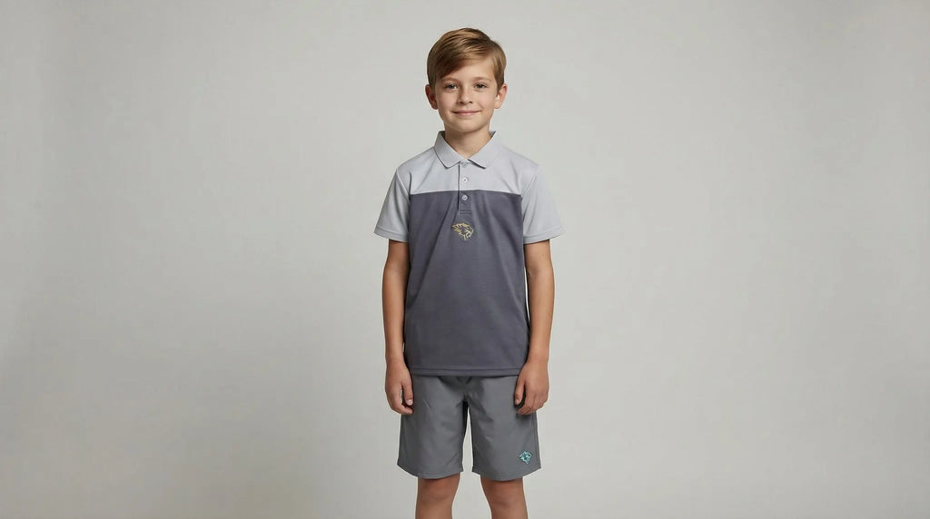 SABRHERO Kids' Junior Tennis Apparel Set - 2-Piece Gray Moisture-Wicking Polo Shirt & Above-the-Knee Shorts Apparel SABRHERO