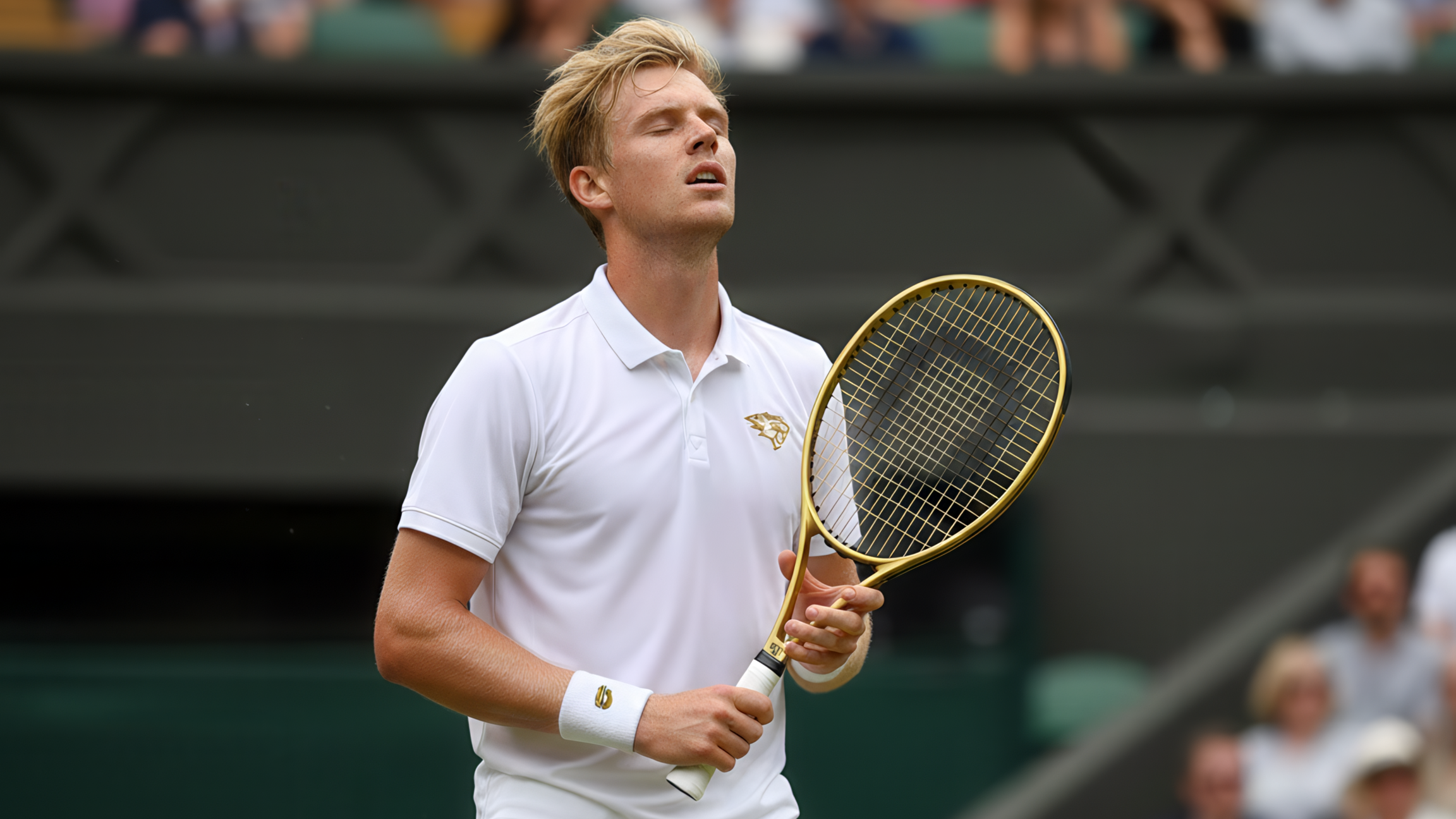 Tennis player in white sabrhero outfit holding a sabrhero racket on a tennis court with spectators in the background at wimbledon